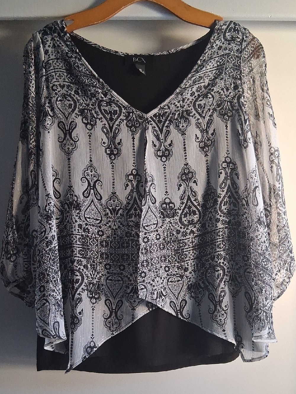 BCX Sheer Open Sleeve Blouse Black & White Paisley XL